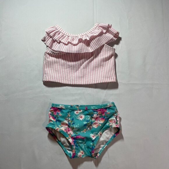 Ruffle Butts 12-18 Months Two Piece Swimsuit Pink Stripe Seersucker Teal Floral - Picture 1 of 3